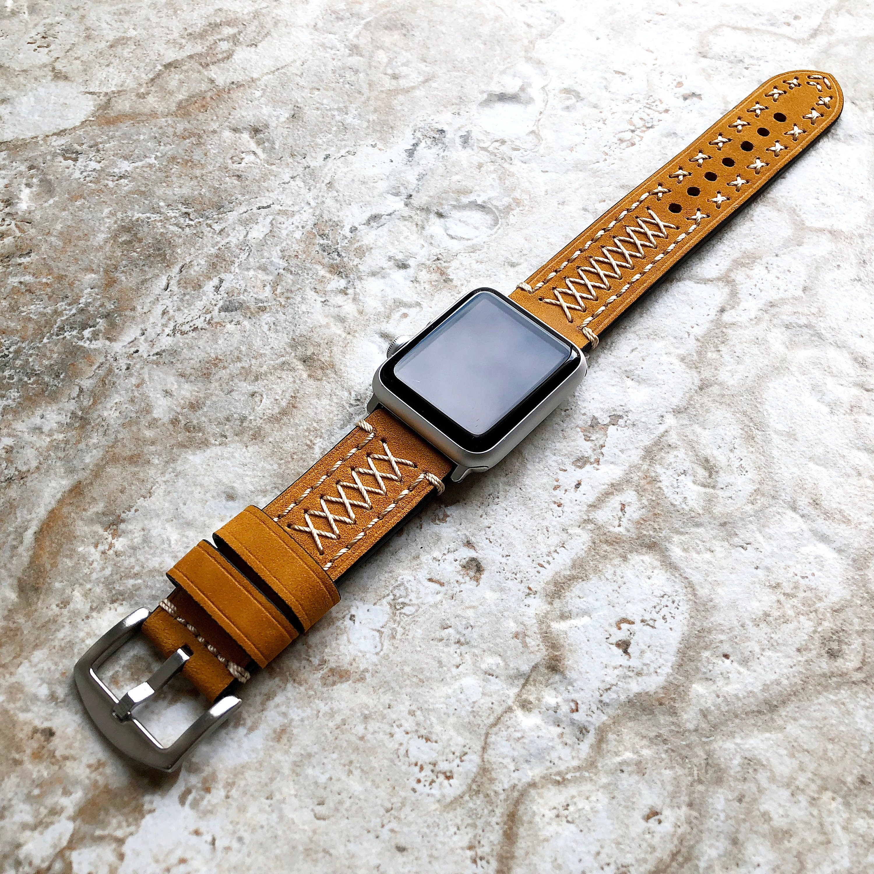 Apple Light Brown Soft Thick Leather Band for iWatch Ultra 2 49mm and 9 8 Series 41mm 45mm Strap Bracelet Handmade and Stitched Details X